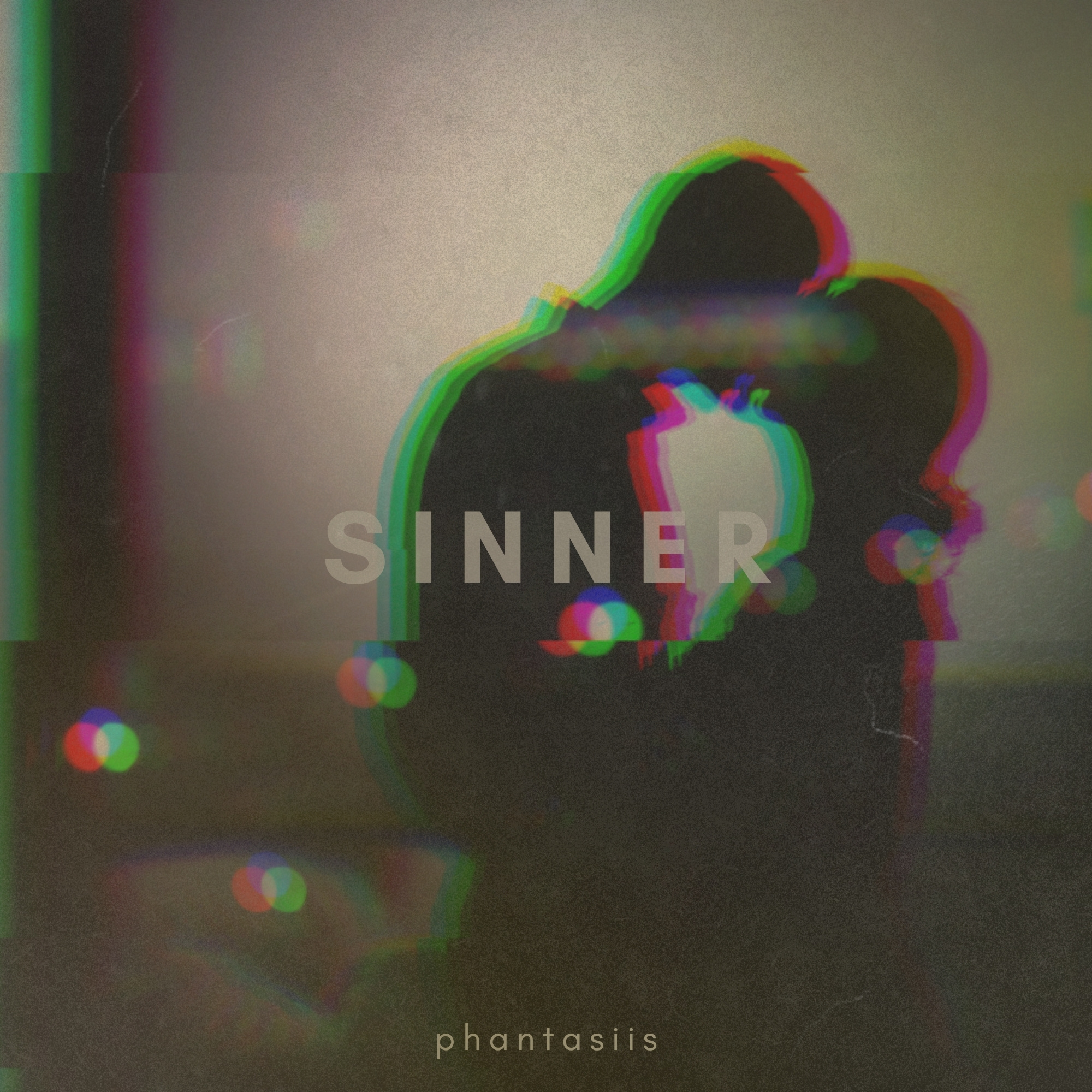 Abstract glitch artwork with neon outlines around a dark silhouette and the word 'phantasiis' at the bottom.